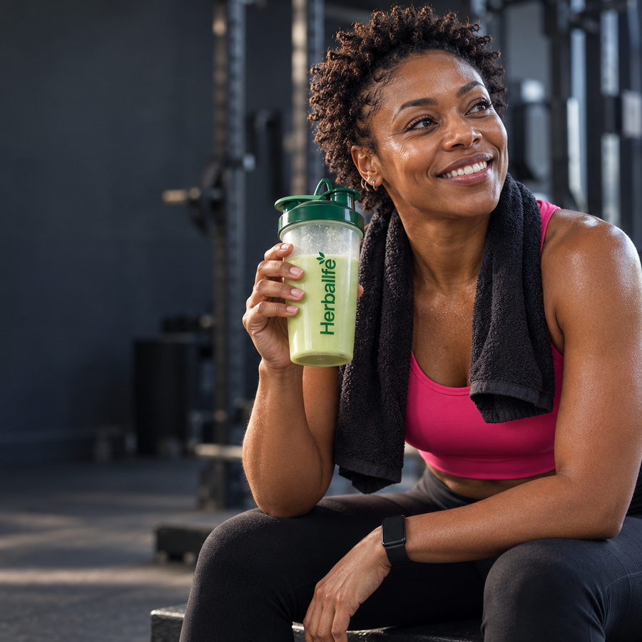 Woman resting after a gym session with a Herbalife shake