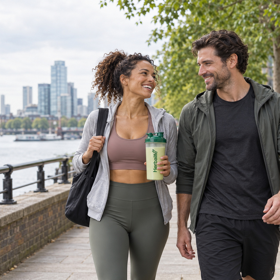 Couple walking along a riverside path, one holding a Herbalife shake