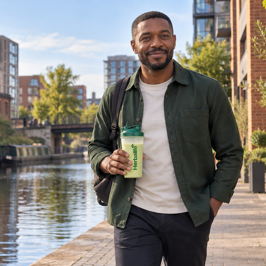 Man walking along a city canal with a Herbalife shake