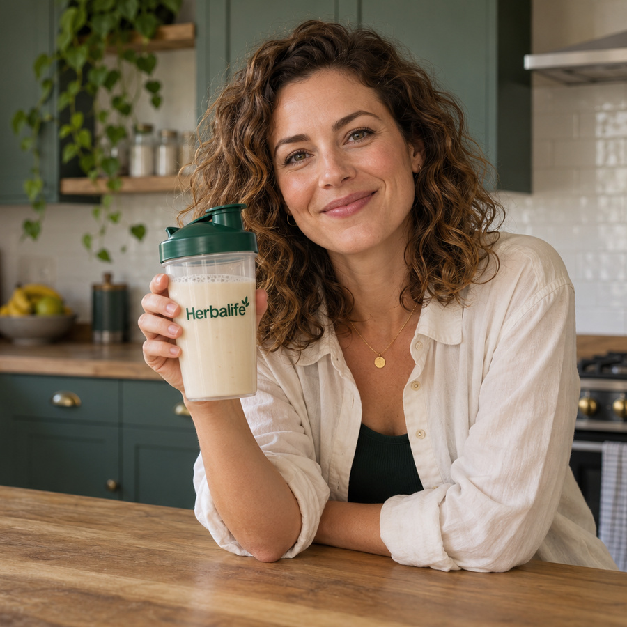 Woman at a kitchen table holding a Herbalife shake