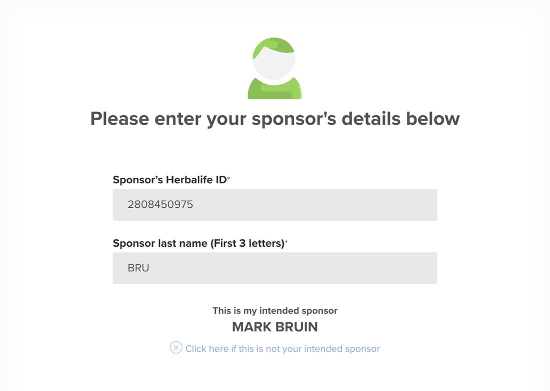 Herbalife sponsor details screen showing sponsor ID and surname letters